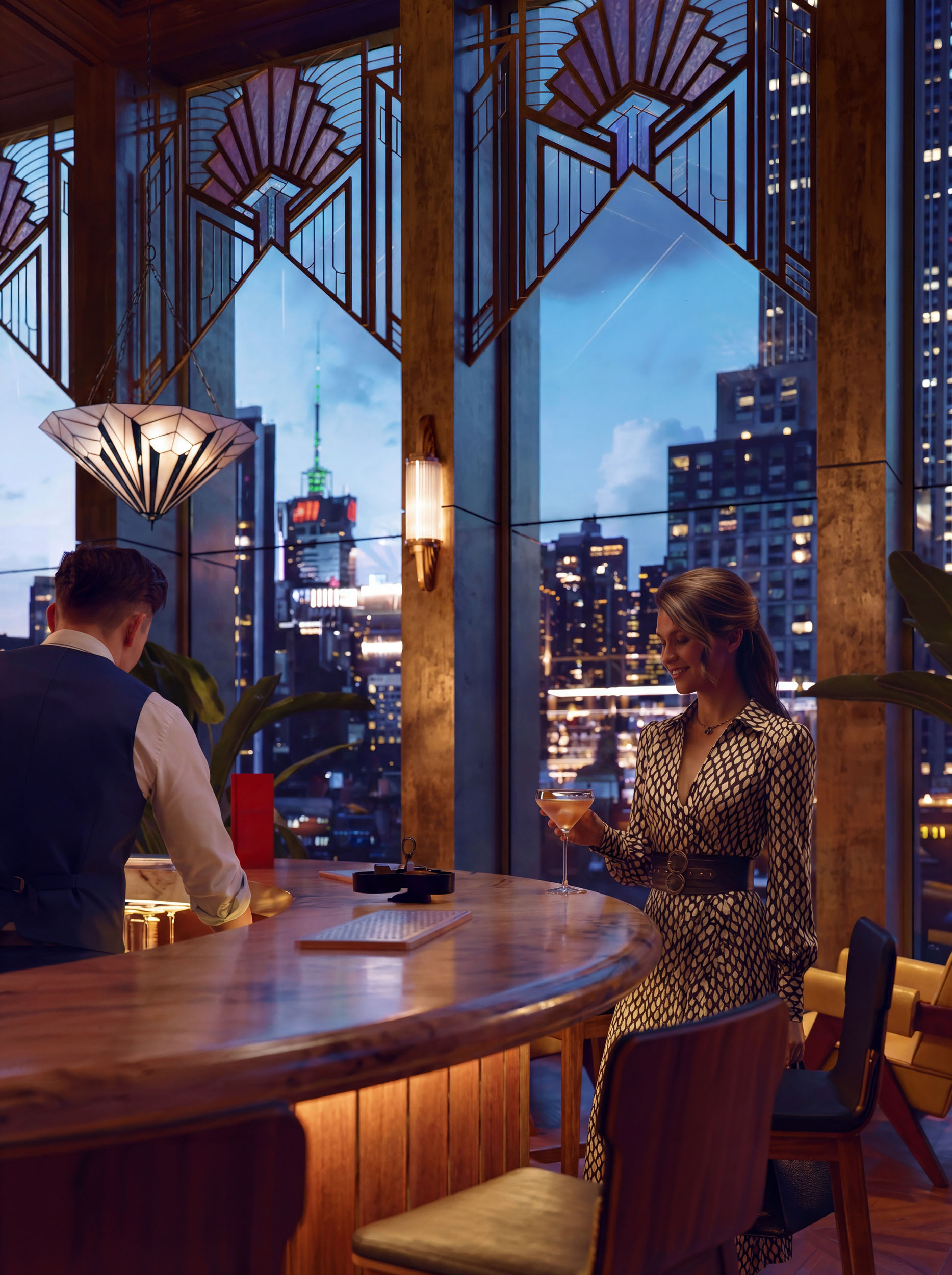 Architectural CGI render of a bar with city view.