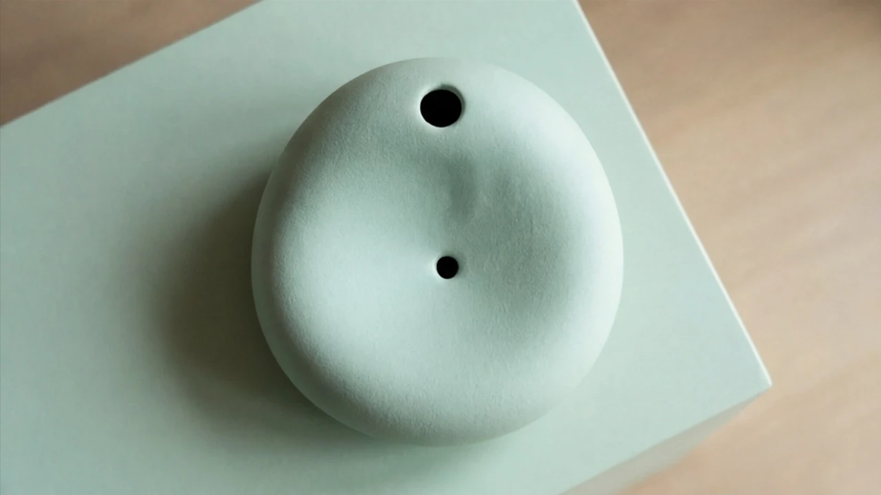 A smooth, light green pebble-shaped object with a central indentation resting on a matching green block.