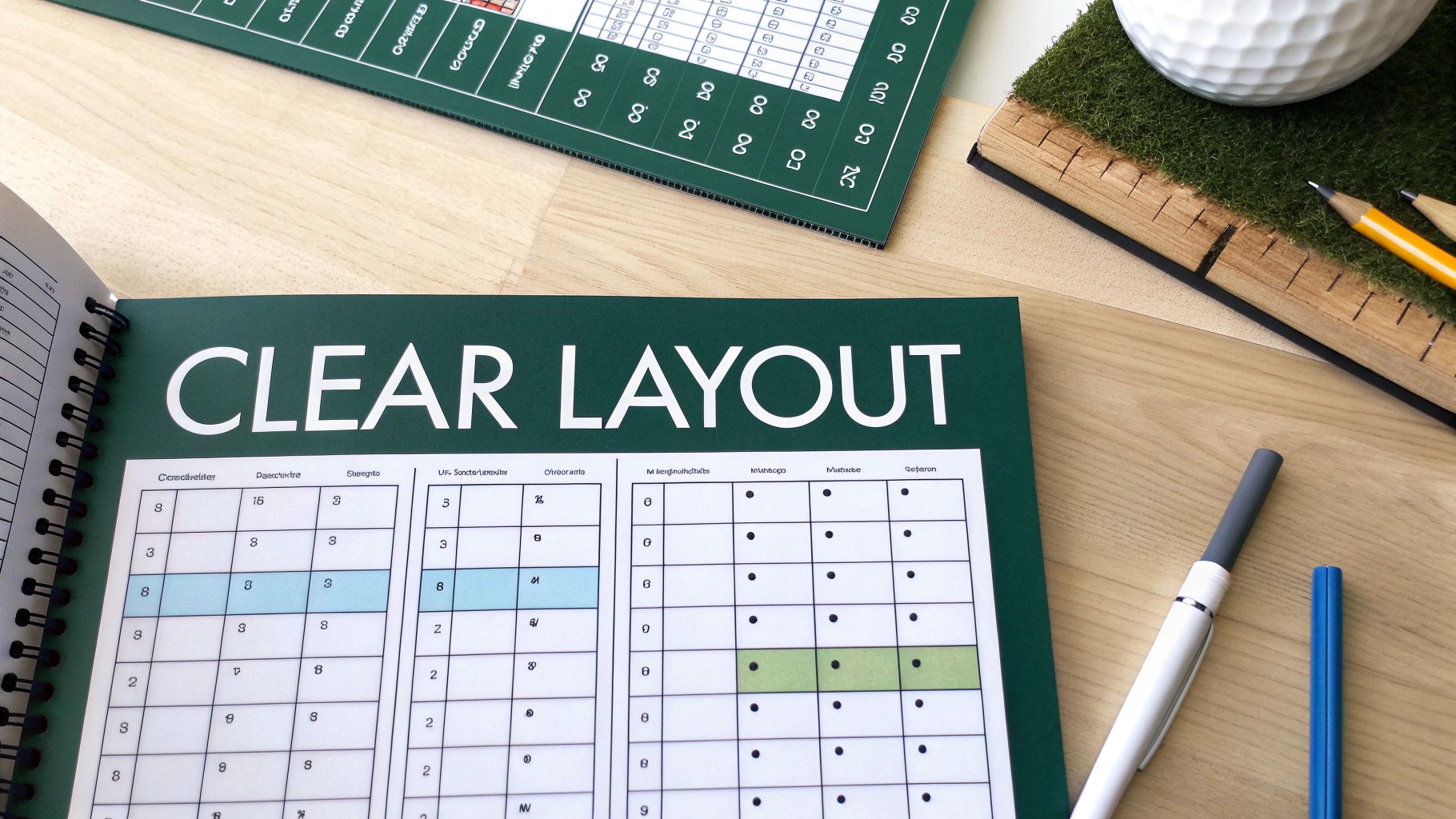 A golf scorecard displaying 'CLEAR LAYOUT' on a wooden desk with a golf ball and pencils.