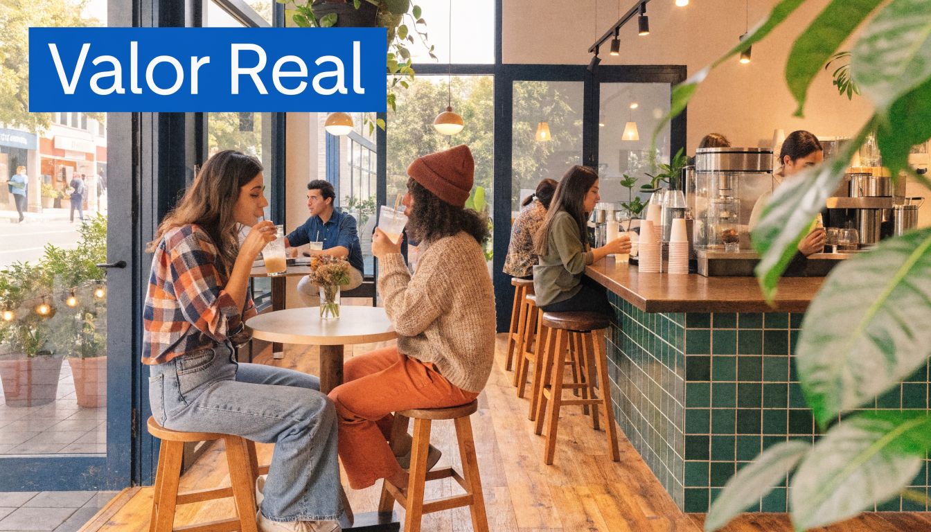 Dos mujeres jóvenes conversando y bebiendo café sentadas en una mesa dentro de una acogedora cafetería moderna.
