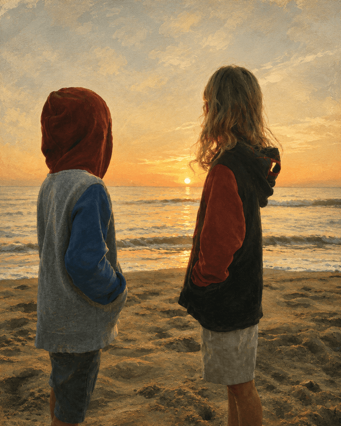 Two children standing on a beach at sunset, watching the waves