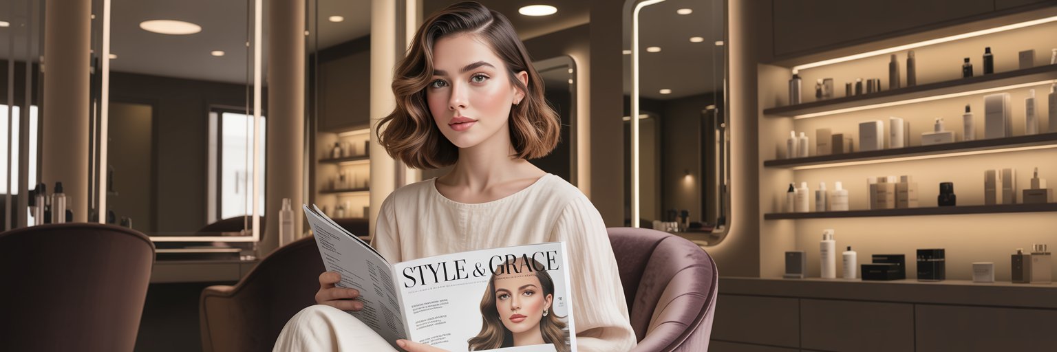 Eine Frau sitzt stilvoll in einem modernen Beautystudio und liest ein Magazin – Umgebung mit smarter Technik und WIFI Fernwartung.