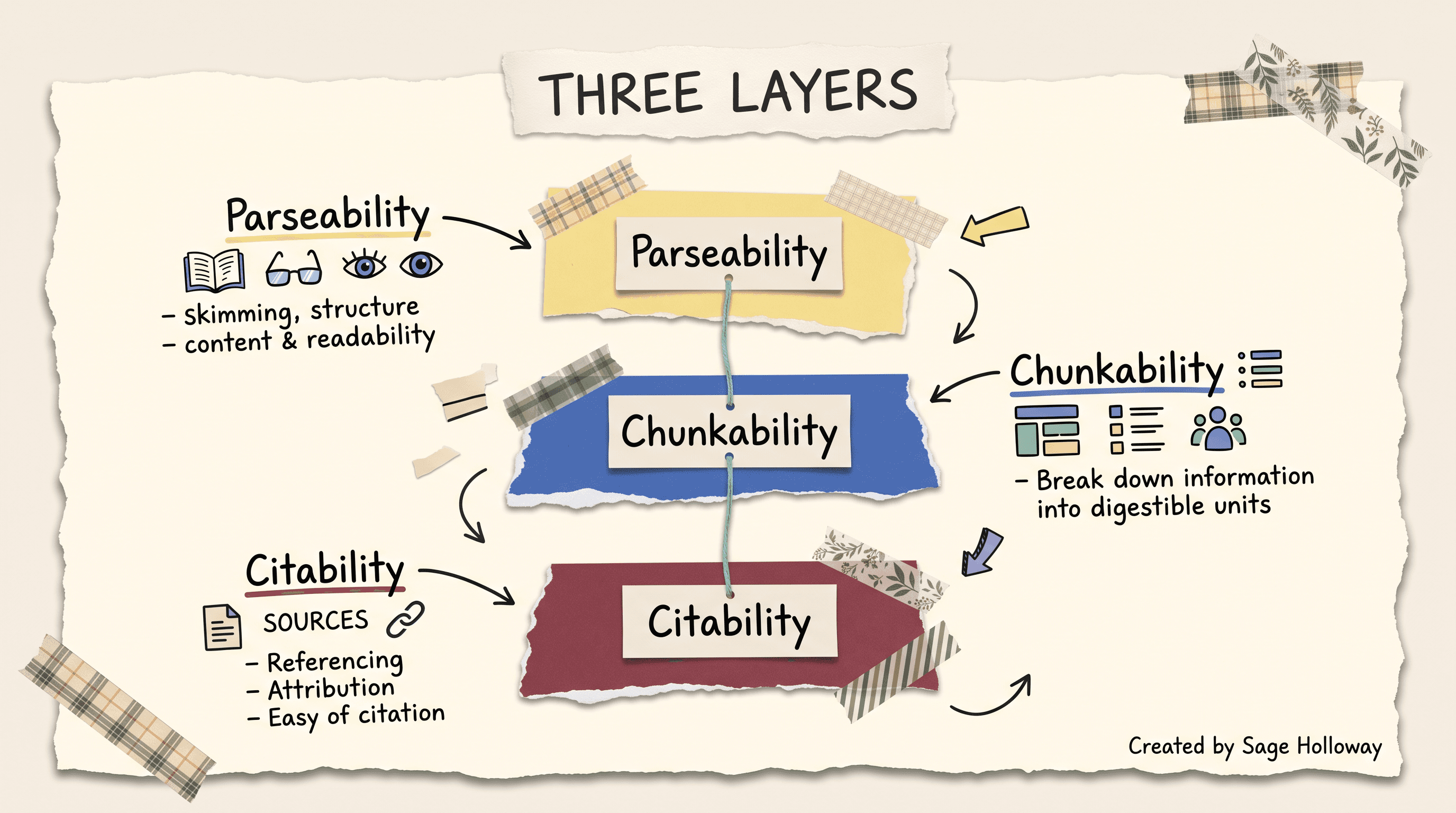 Scrapbook diagram of parseability, chunkability, and citability as three stacked layers