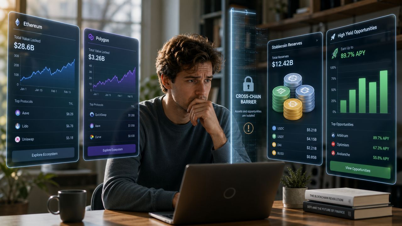 A focused man looking at digital financial interfaces displaying cryptocurrency statistics, market charts, and cross-chain barriers.