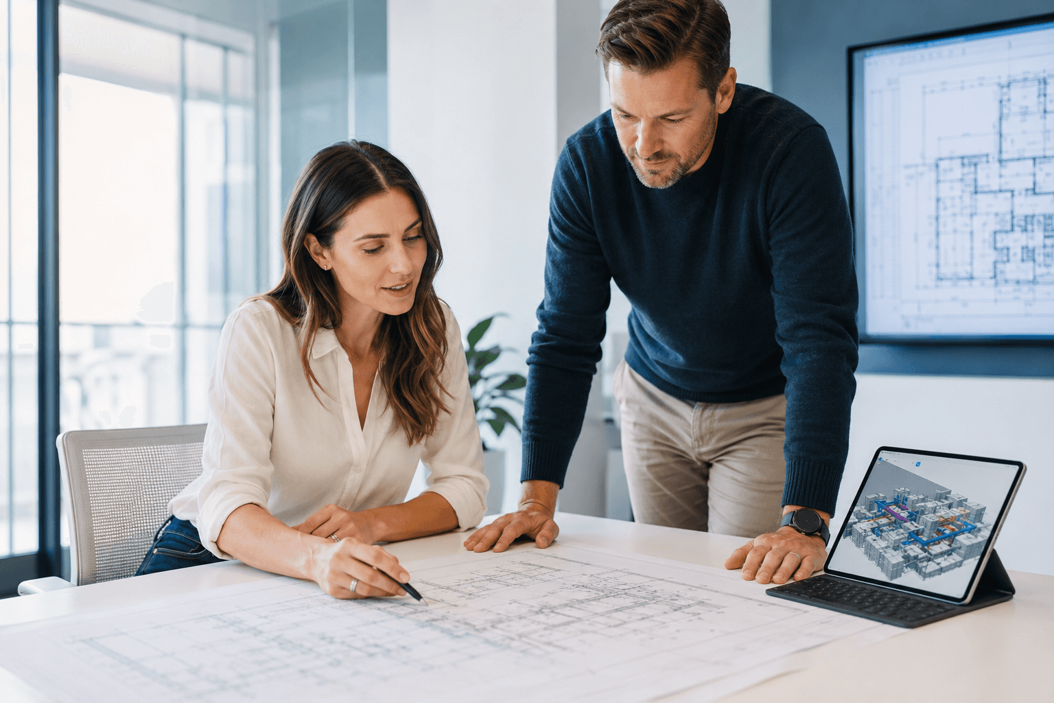 Two AEC engineers reviewing architectural drawings alongside a BIM model on a tablet
