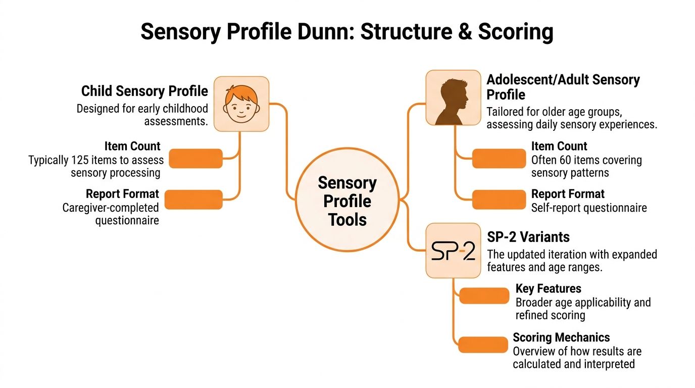 A diagram outlining the structure and scoring tools for the Dunn Sensory Profile including variants and assessments.