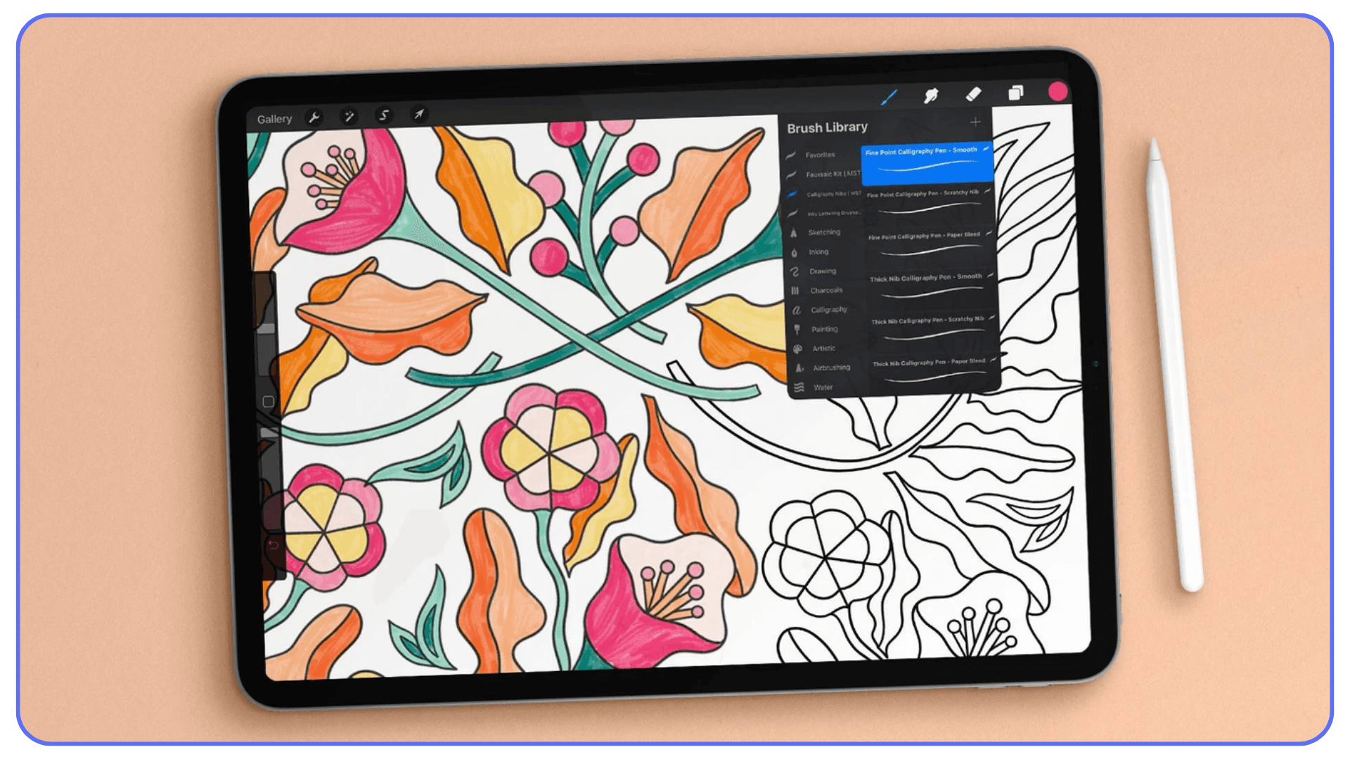 iPad screen displaying Procreate app with a colorful floral digital drawing and brush library open, Apple Pencil beside the device.