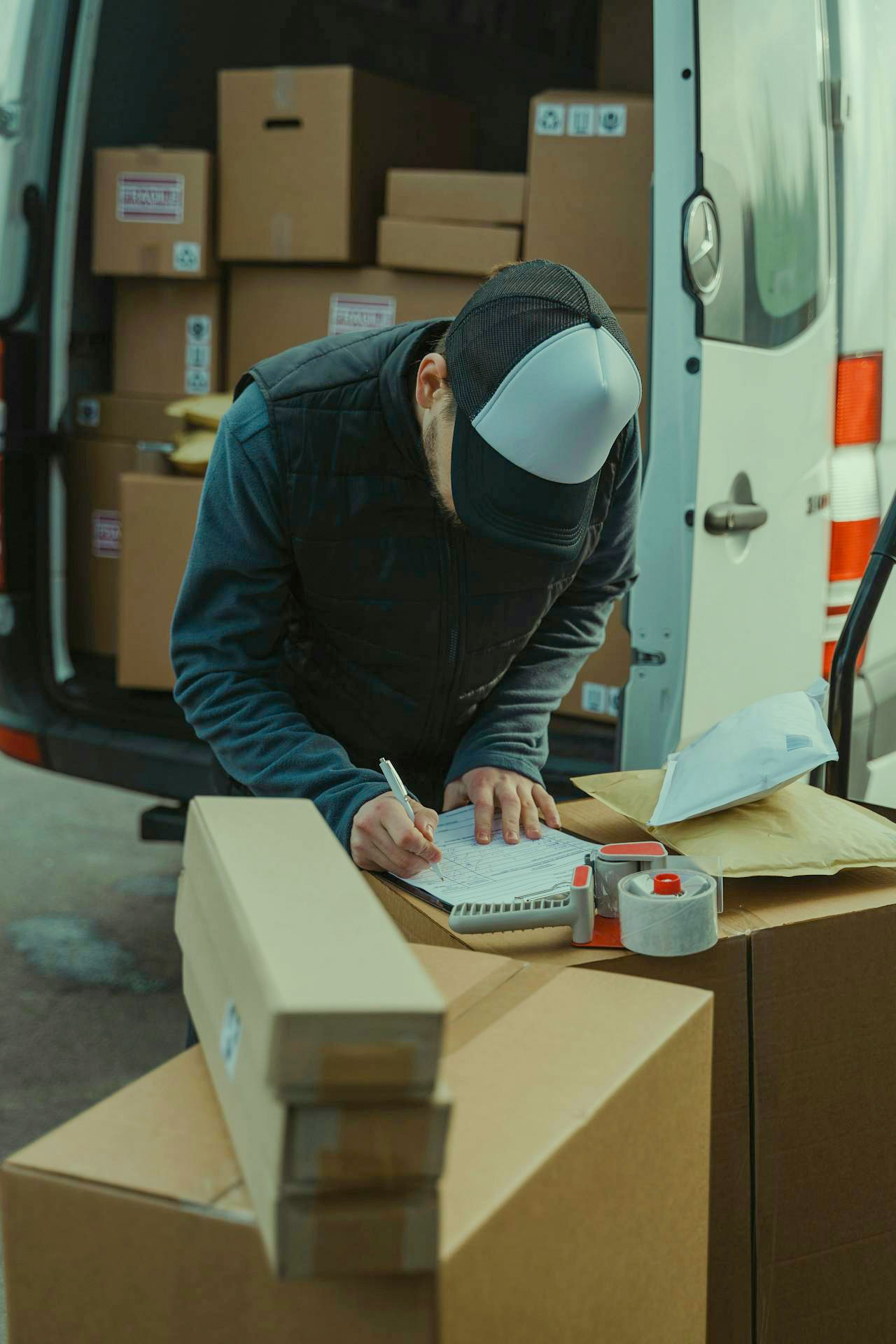 Moving workers filling a report.