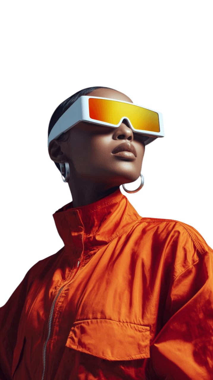 Zukunftsorientierter AI Creative Director mit Tech-Brille und oranger Jacke