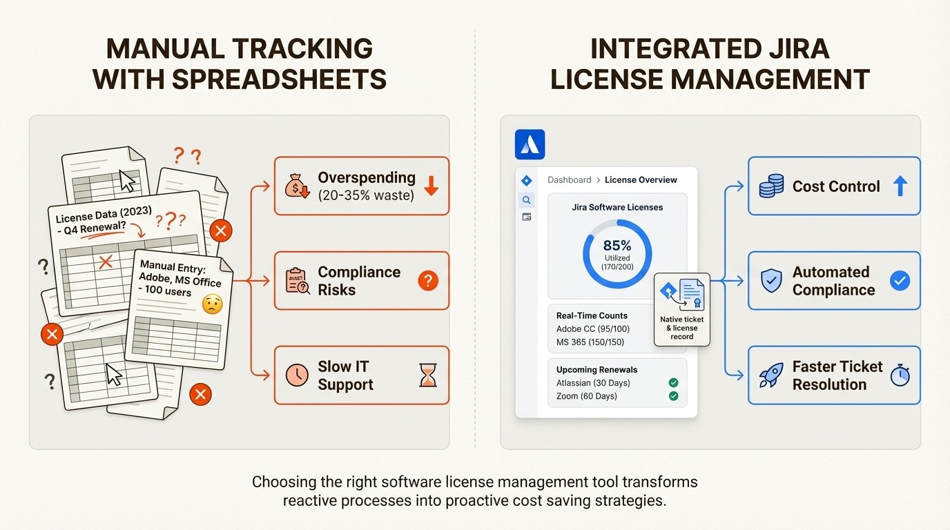 An infographic comparing manual spreadsheet tracking with the Best Software License Management Tools for Jira, highlighting benefits like cost control and compliance.