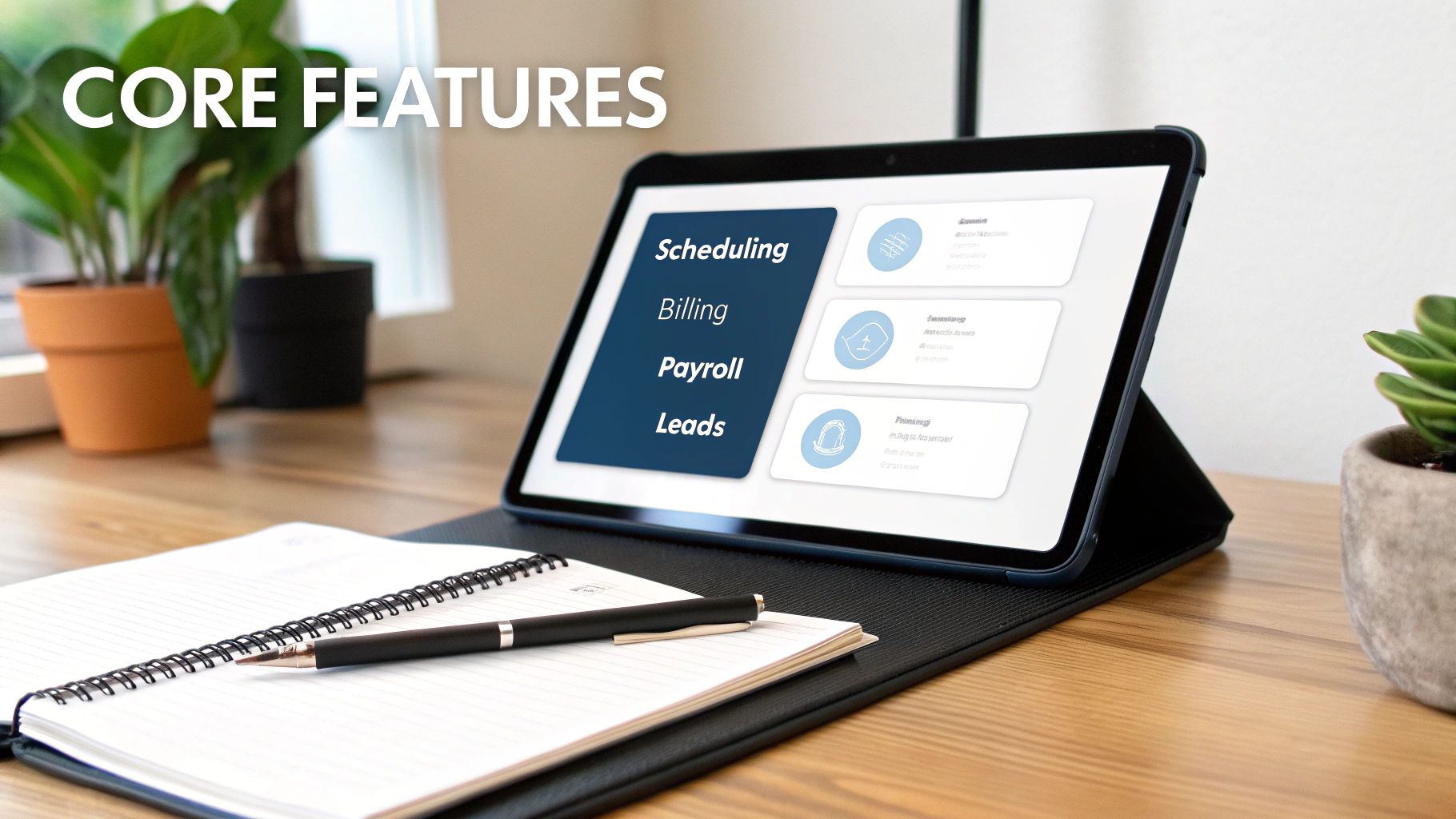 A tablet on a wooden desk displays core features like scheduling, billing, payroll, and leads, with a notebook and pen nearby.