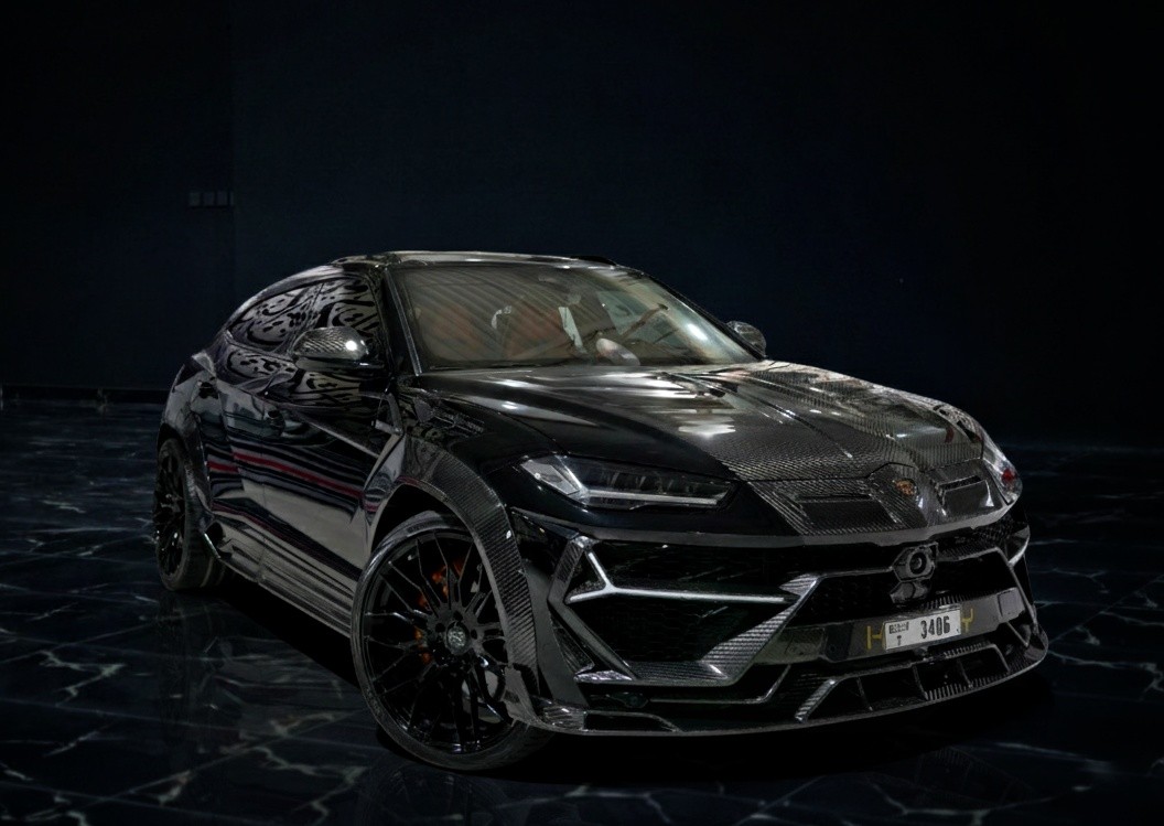 Lamborghini Urus Keyvany Keyrus style luxury SUV rental in Dubai, aggressive widebody design in black