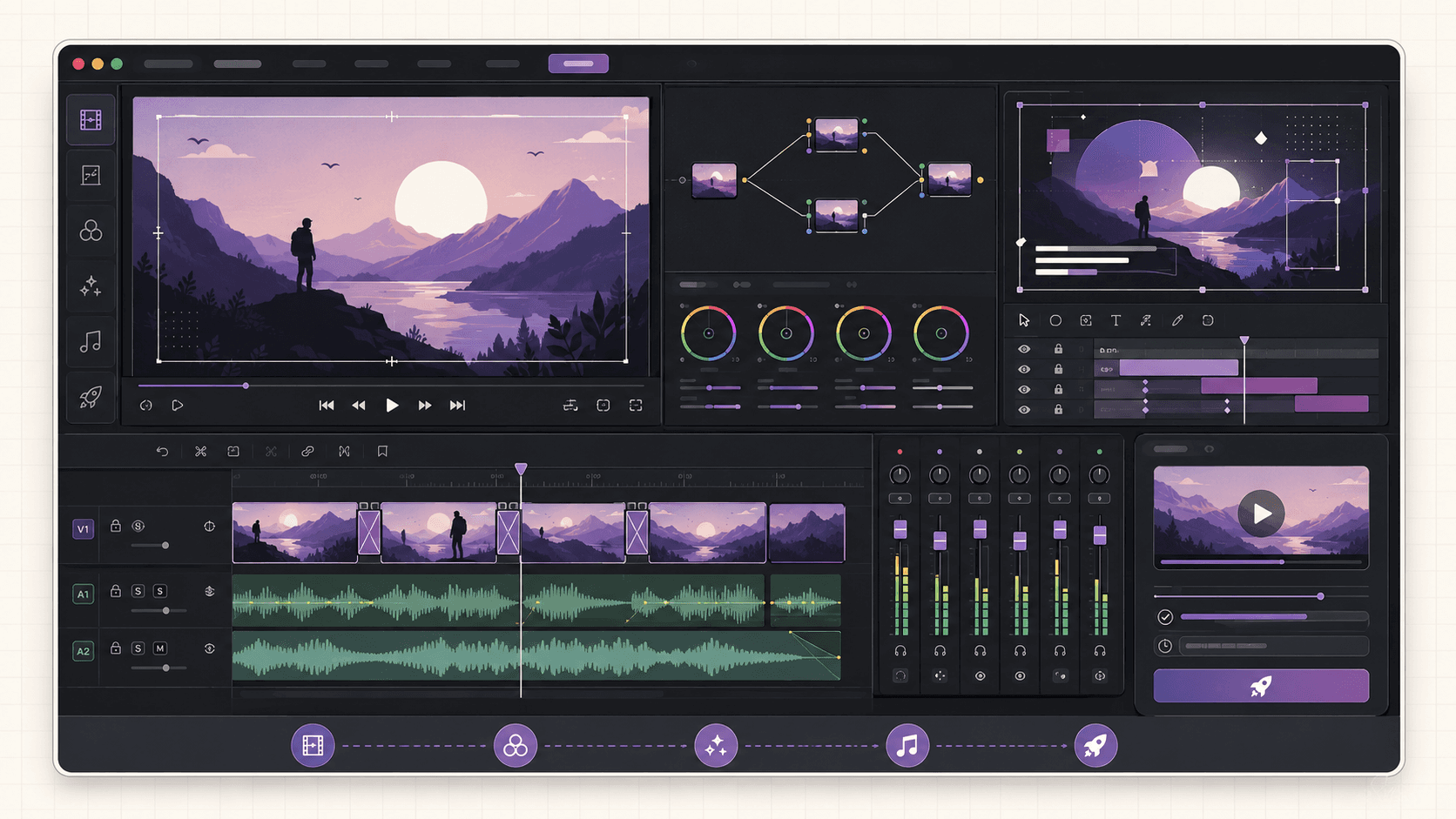 DaVinci Resolve workspace combining video editing, color grading, motion graphics, audio mixing, and final playback in one interface.