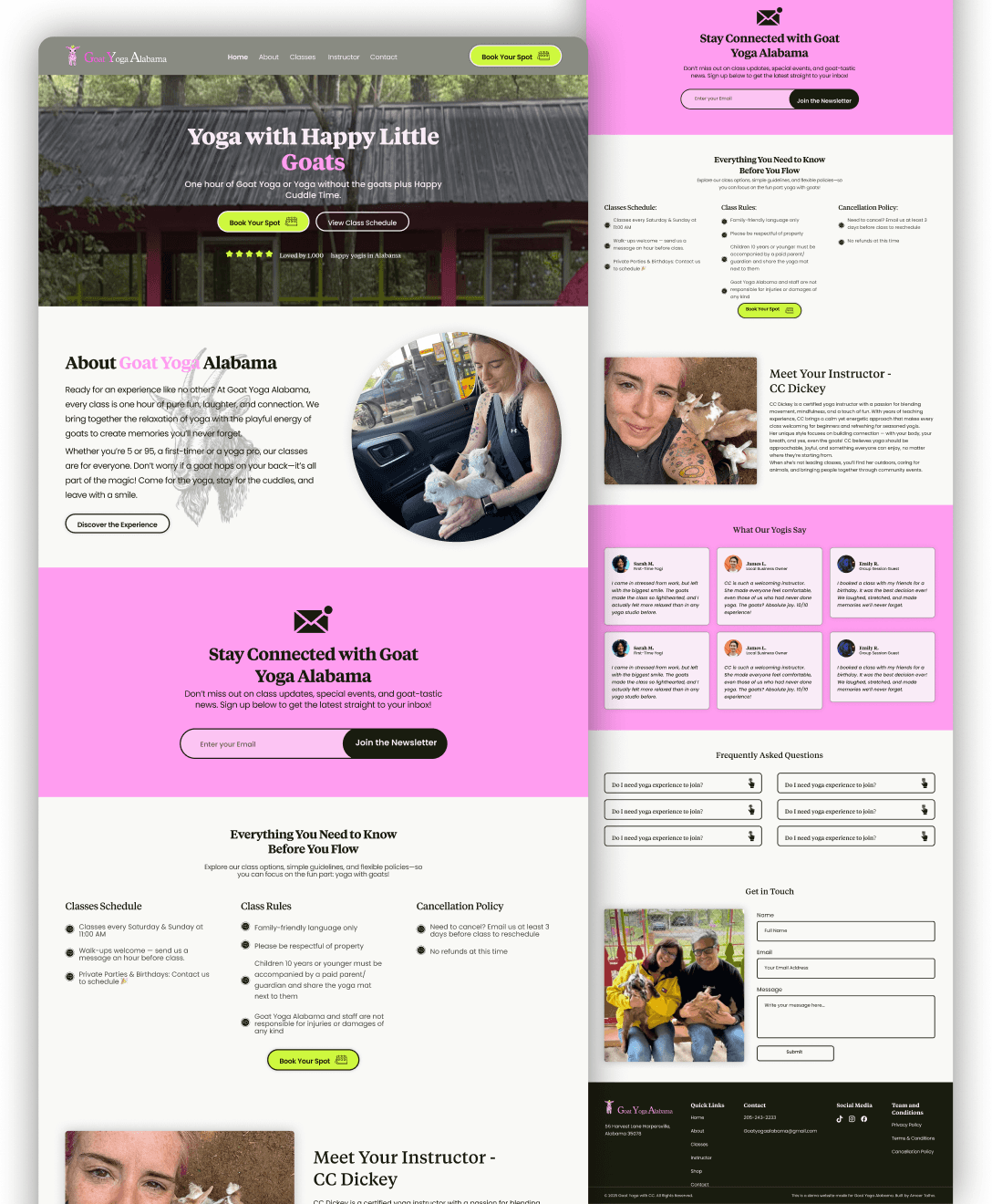 This image shows a webpage design for "Goat Yoga Alabama," featuring sections like "About Goat Yoga Alabama" with photos of people holding goats, a newsletter sign-up, and customer testimonials against a vibrant pink and white theme.