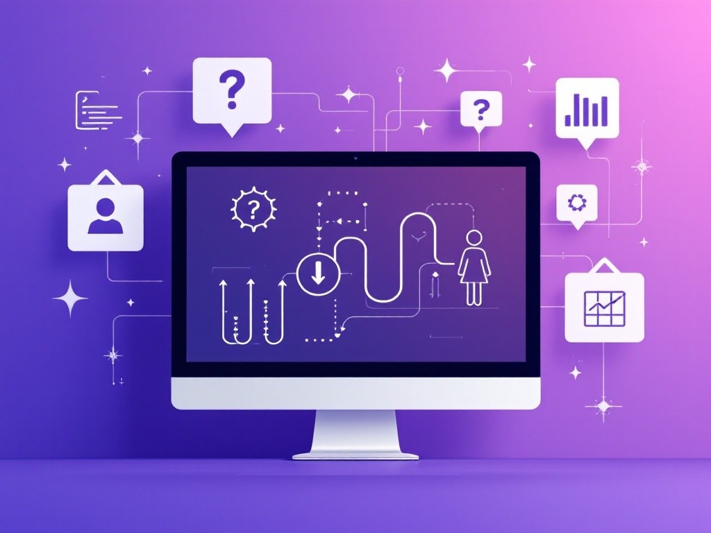 User journey mapping on a desktop screen with interconnected icons representing user experience, data flow, and process optimization.