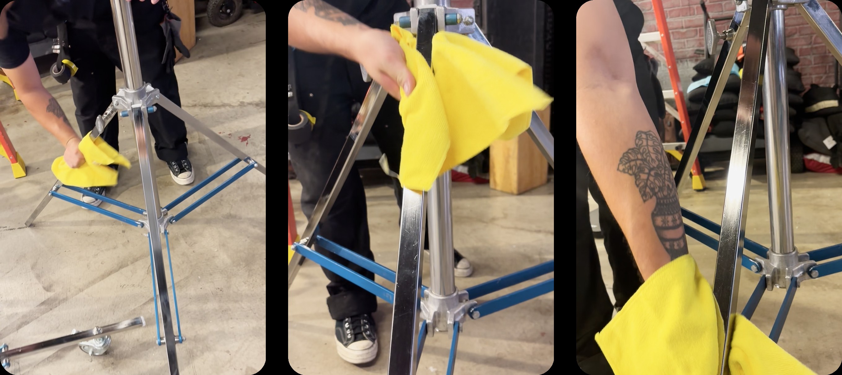 waxing the chrome legs across three angles