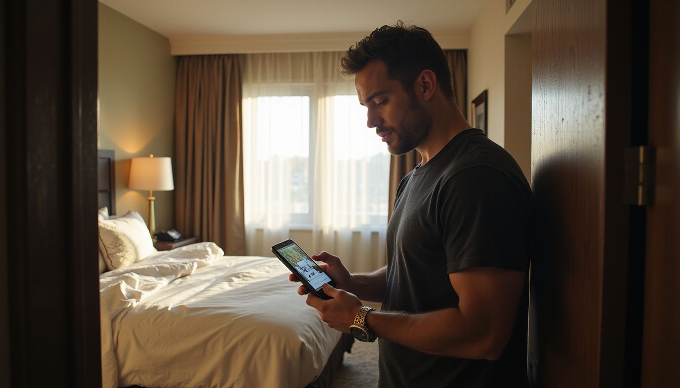 A man compares a disappointing hotel room to its advertised image.