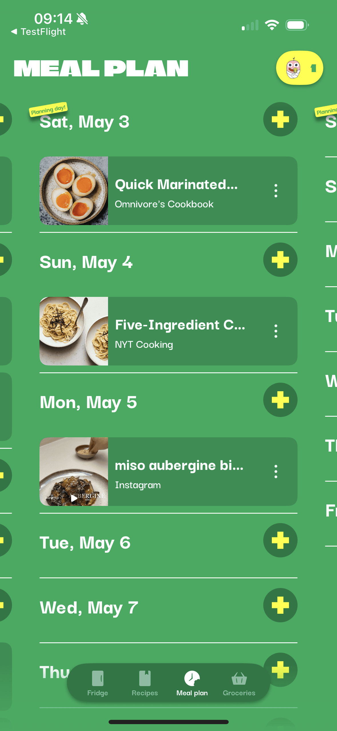 A screenshot from the OH, a potato! app showing a meal plan