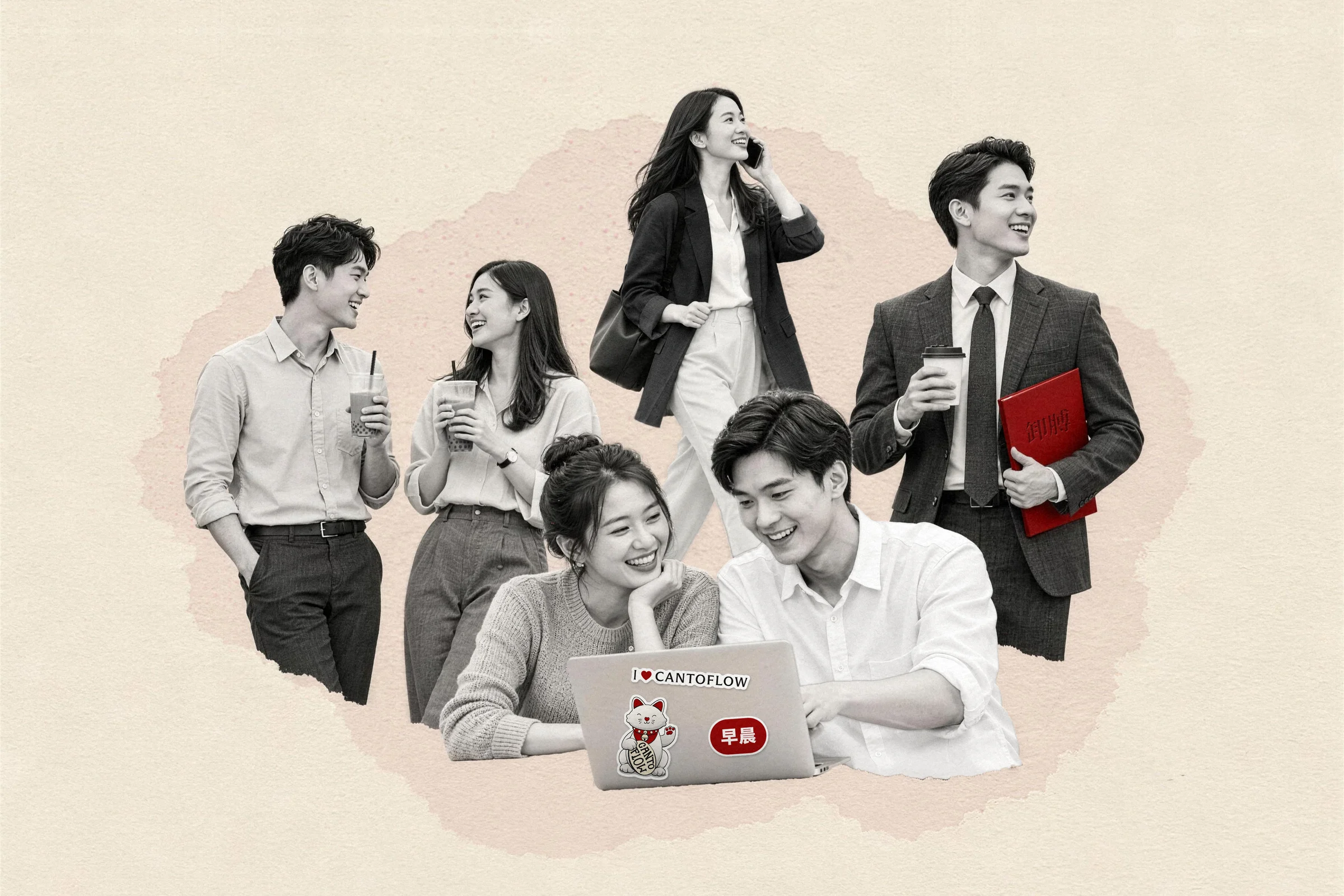 Collage of six smiling young Hong Kong colleagues in black and white on a blush torn-paper patch; one in a white shirt shares a laptop covered in a white lucky cat, an I love Cantoflow and a red 早晨 sticker, while a colleague in a suit carries a red folder stamped 卸膊 (passing the buck).