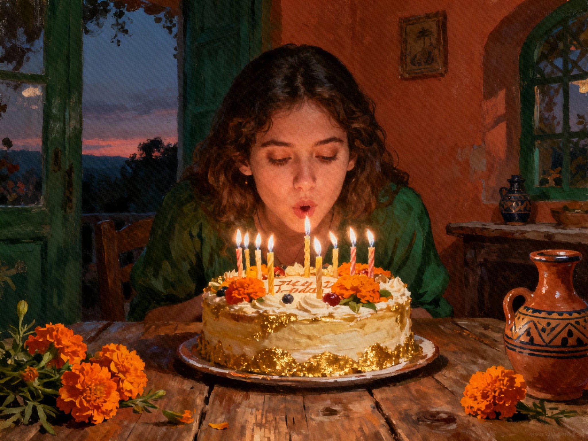 An intimate close-up of a young woman blowing out candles on a beautifully decorated birthday cake