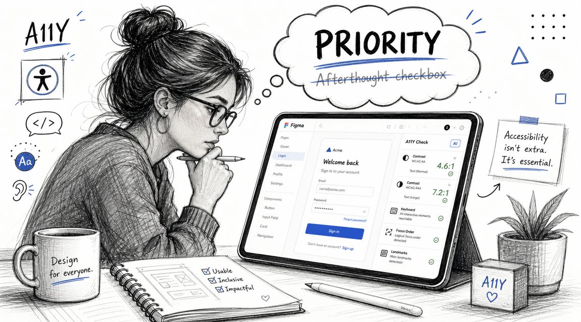 A digital artist designs an accessible login page on a tablet while prioritizing web accessibility standards.