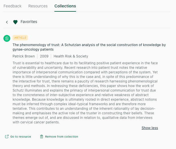 Screenshot of thesify Collections feature showing a saved academic article on patient trust in healthcare.