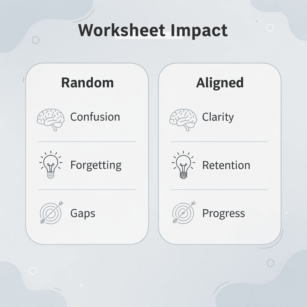 Comparison table showing random worksheets versus aligned worksheets