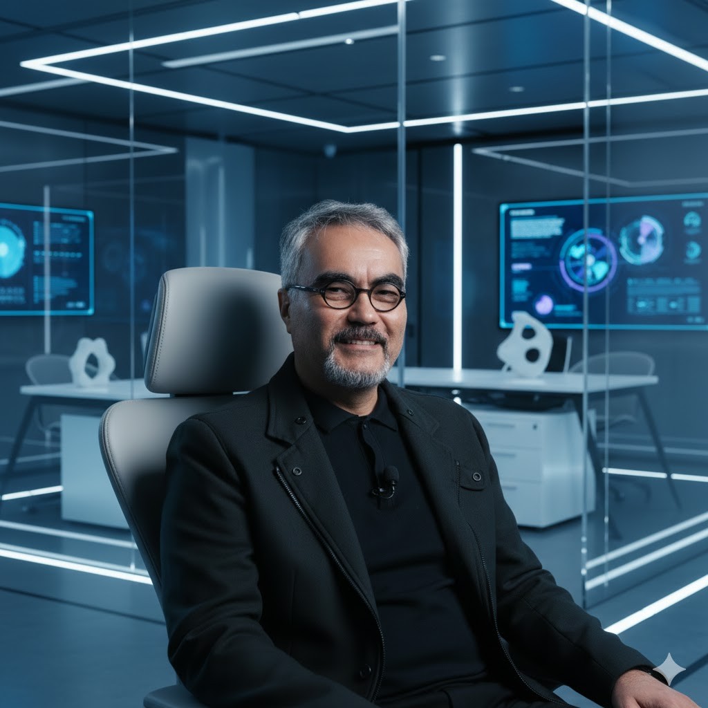 Portrait of a woman with straight long hair, in a dark t-shirt, set against a neutral backdrop.