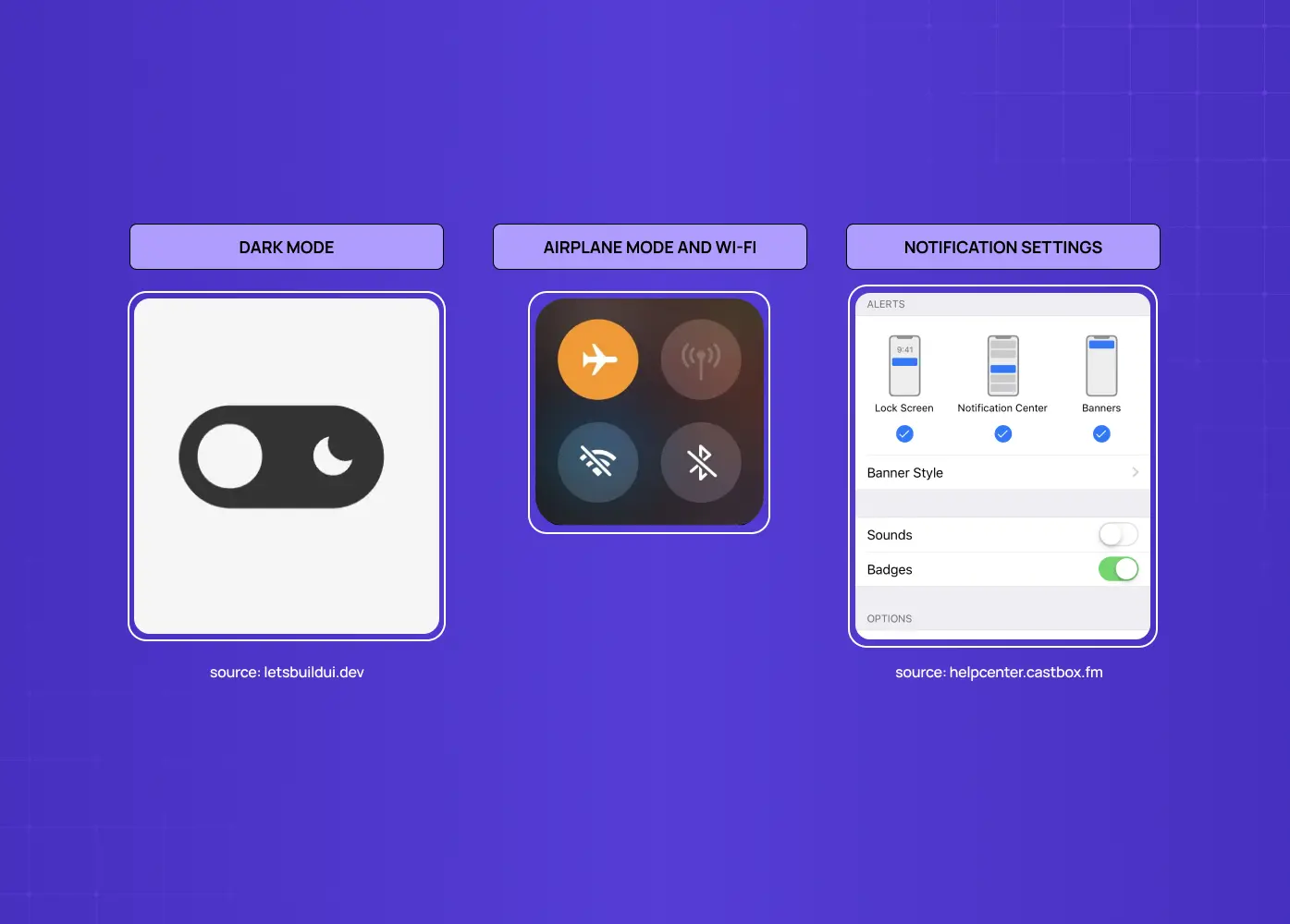Examples of toggle switch usage across interfaces, including dark mode, connectivity controls, and notification settings.