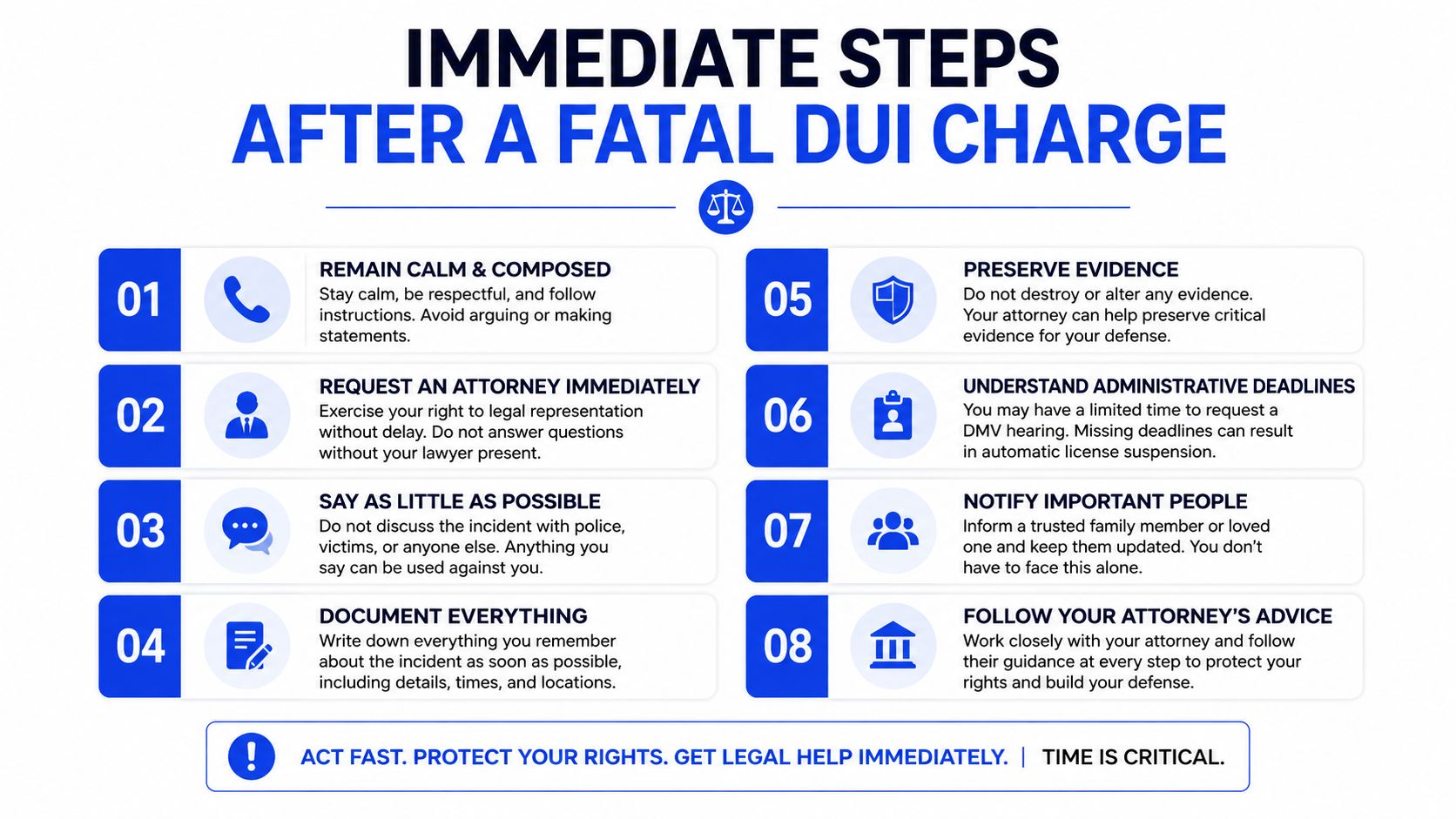 An infographic detailing eight critical legal steps to take immediately following a fatal DUI charge.