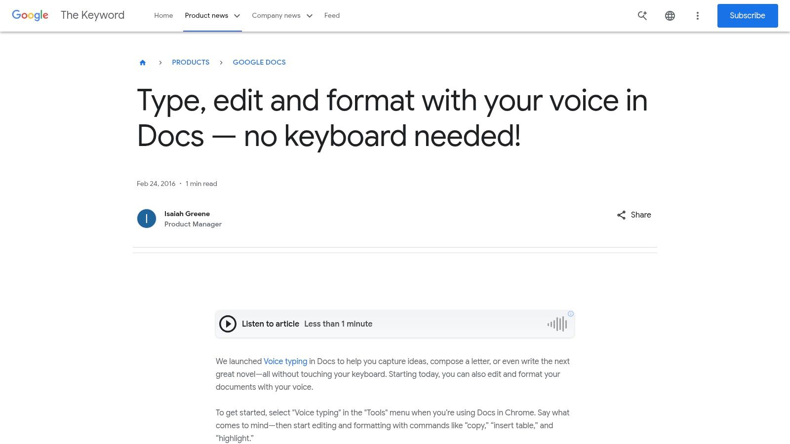 Google Docs – Voice Typing