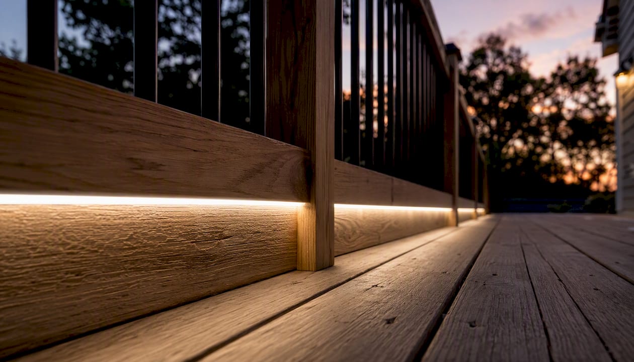Under-rail LED strip lighting on deck railing