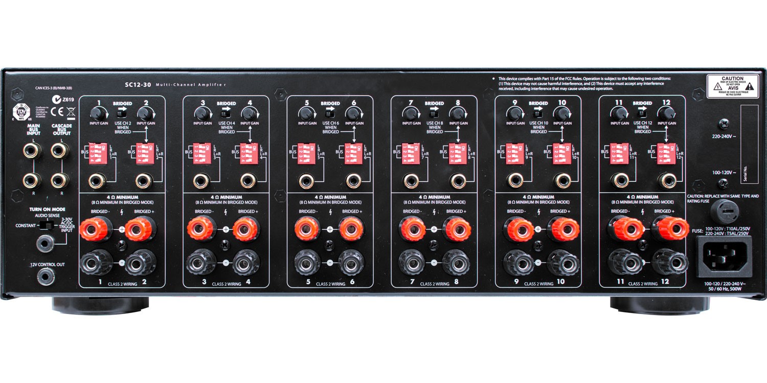 Back panel of a 12-channel amplifier with various inputs and outputs.