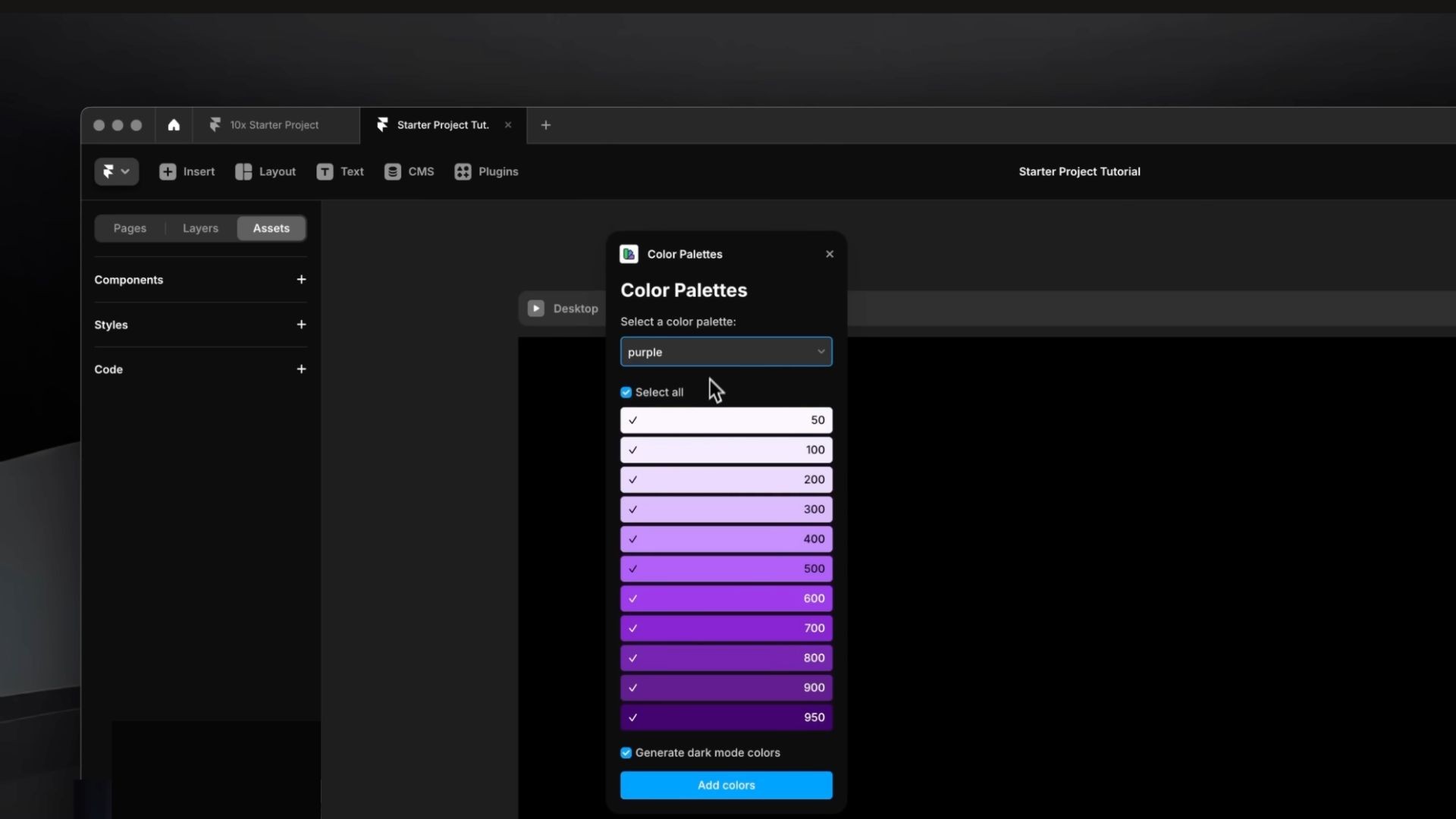 Web design interface with a color palette selector showing various shades of purple, on a dark-themed design software