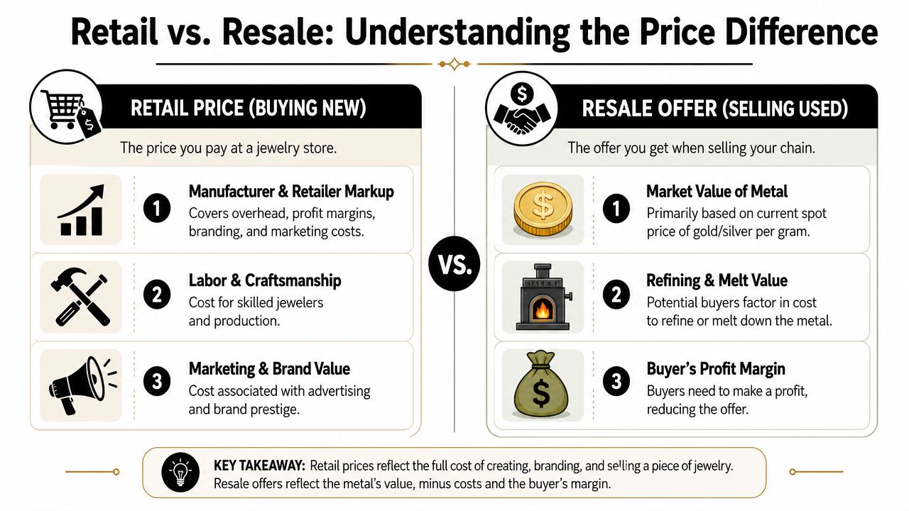 A comparison chart explaining the price differences between buying new retail jewelry and selling used pieces.