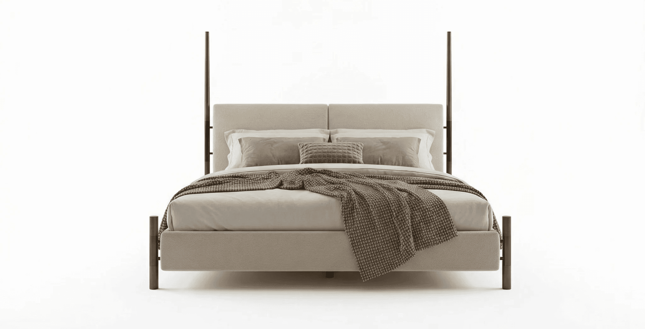 Modern wooden bed with straight frame lines and low platform base