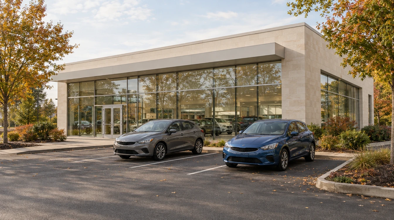 Fiktives Autohaus mit ausgestellten Fahrzeugen