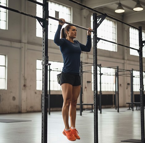 Athletin trainiert Klimmzüge im Indoor Functional Fitness Bereich – Krafttraining zur Unterstützung von Bouldern und Klettern.
