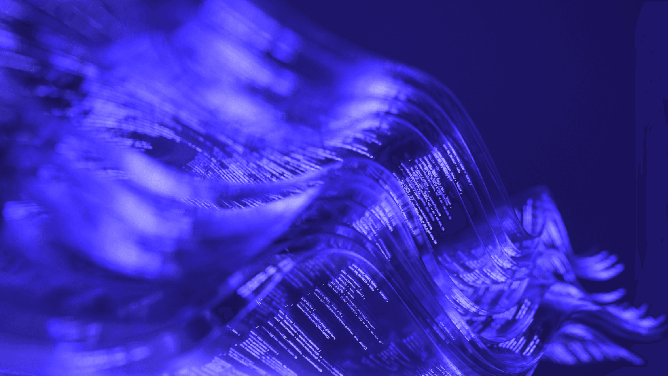 A network of floating blue code blocks connected by thin lines against a dark background, representing the interconnected execution nodes and policy enforcement points in AI agent runtime authorization architecture.