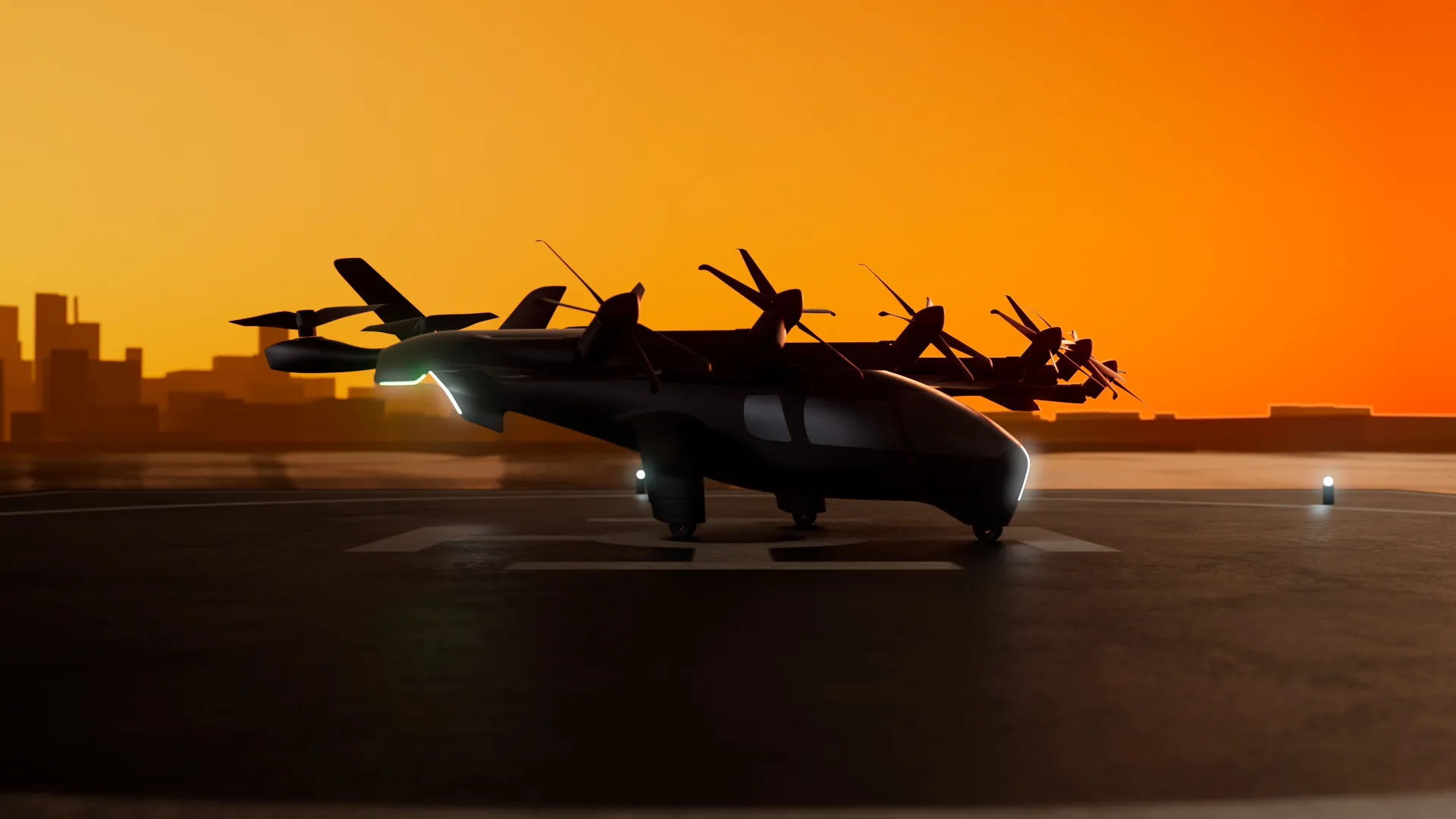eVTOL aircraft resting on a vertiport at sunset with city skyline in the background