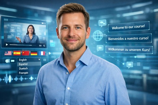 Antarmuka Penerjemah Video menampilkan gelombang audio multibahasa dengan bendera bahasa Eropa saat seorang profesional meninjau konten video yang telah diterjemahkan