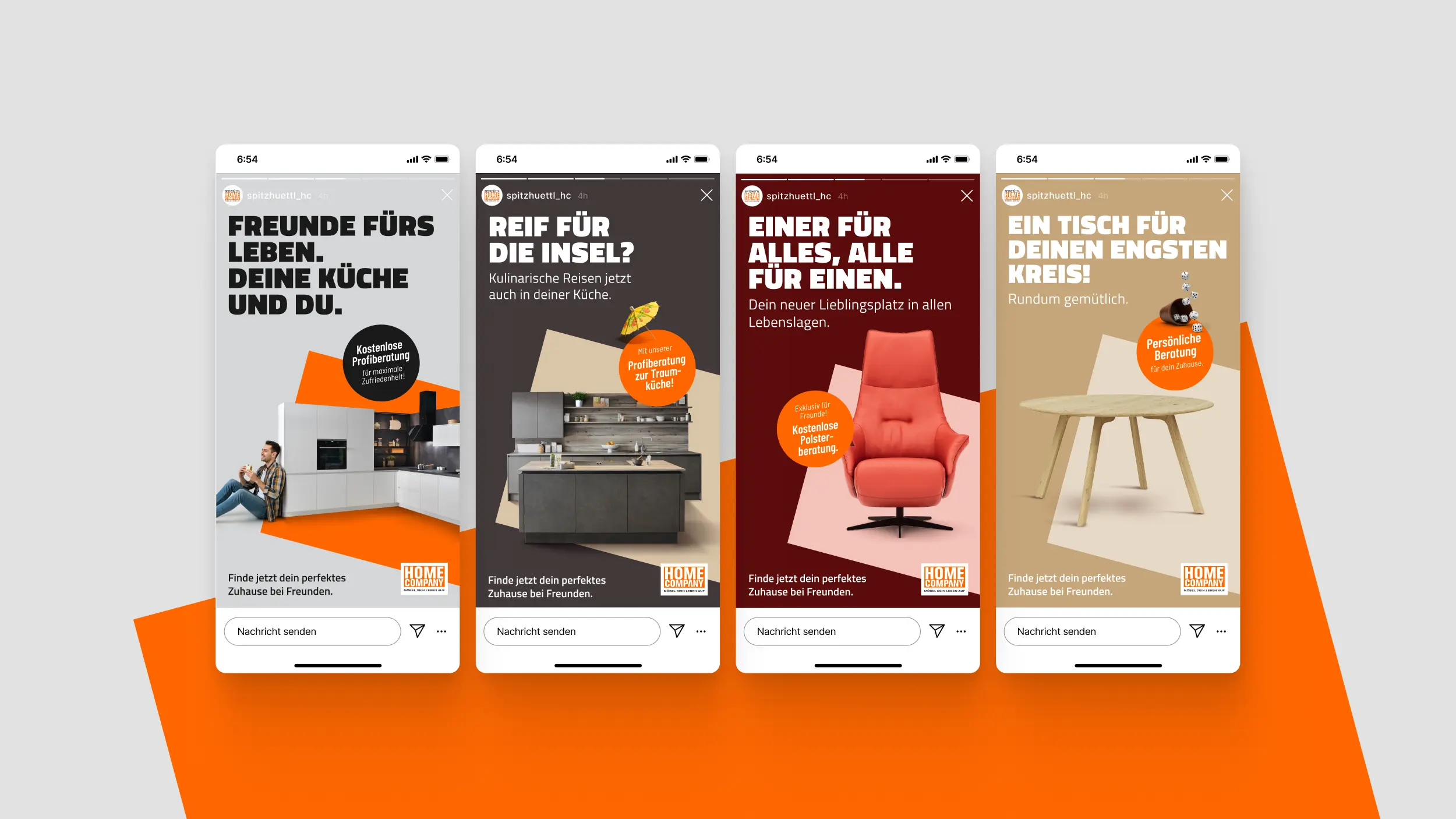 Instagram-Smartphone-Mockup mit drei Story-Slides zu Küche, Inselreisen und „Einer für alle“