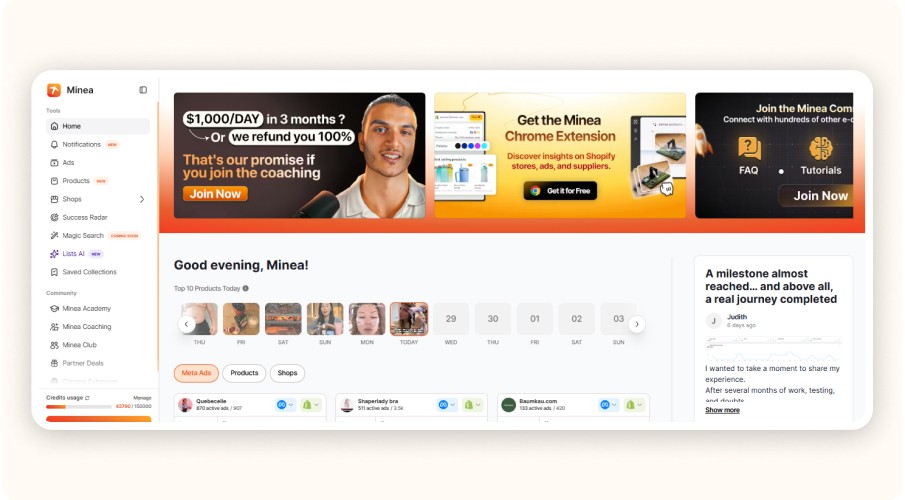 Minea user interface