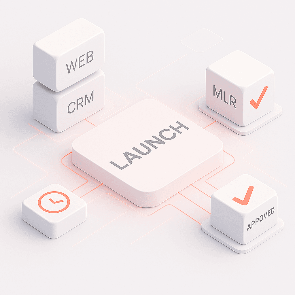 3D illustration of biotech digital launch platforms — CRM, web, and MLR cubes connected to a launch system, symbolizing synchronized marketing infrastructure