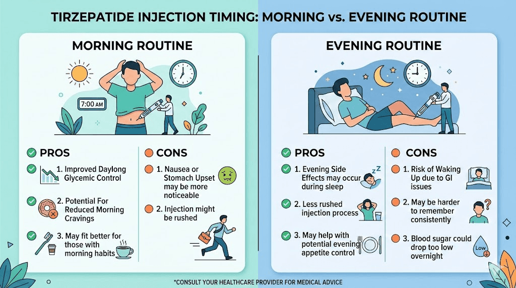 Tirzepatide morning versus evening injection timing comparison