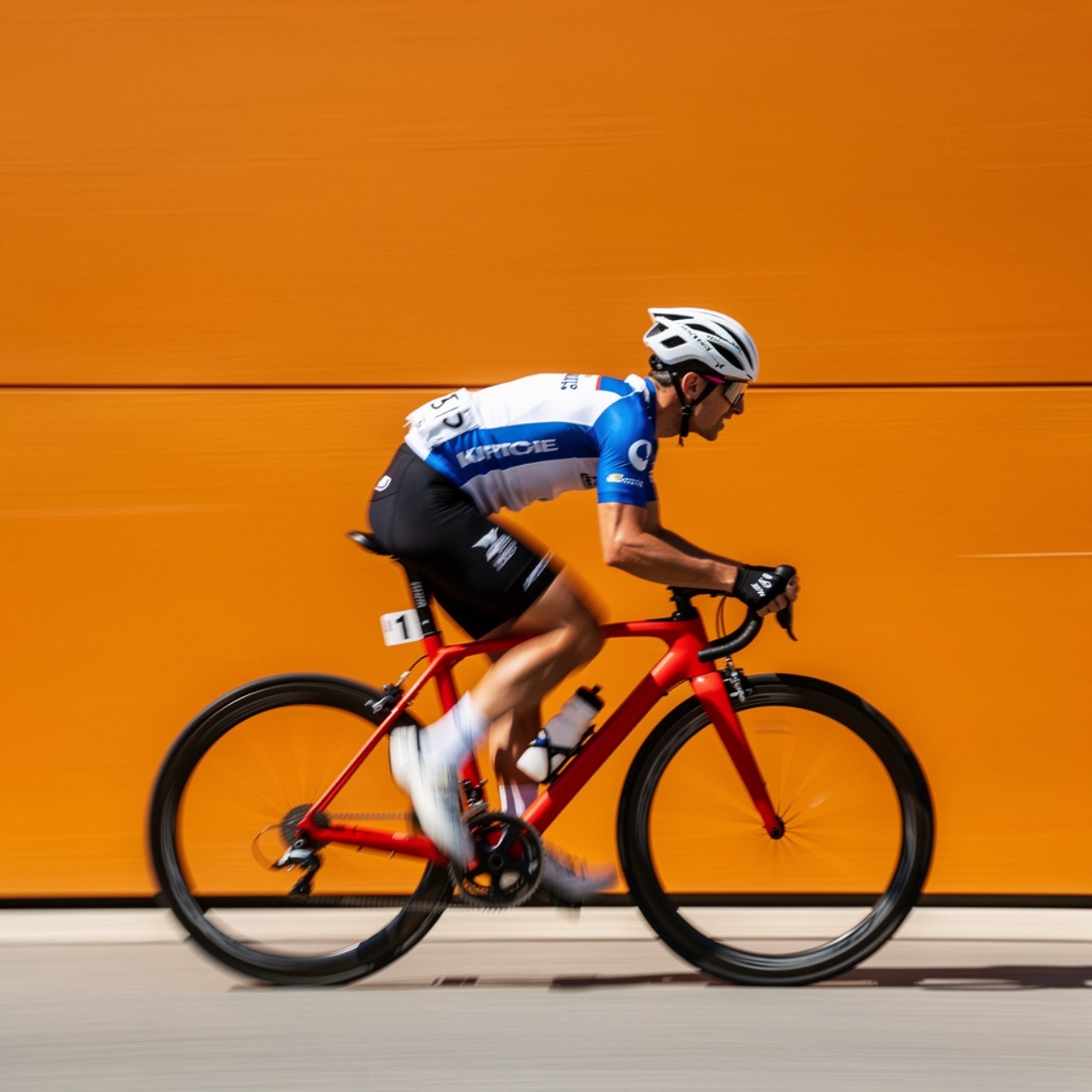 Cyclist in motion on a red bike against a bright orange background. He wears a white and blue jersey, black shorts, helmet, and sunglasses. Energetic scene.