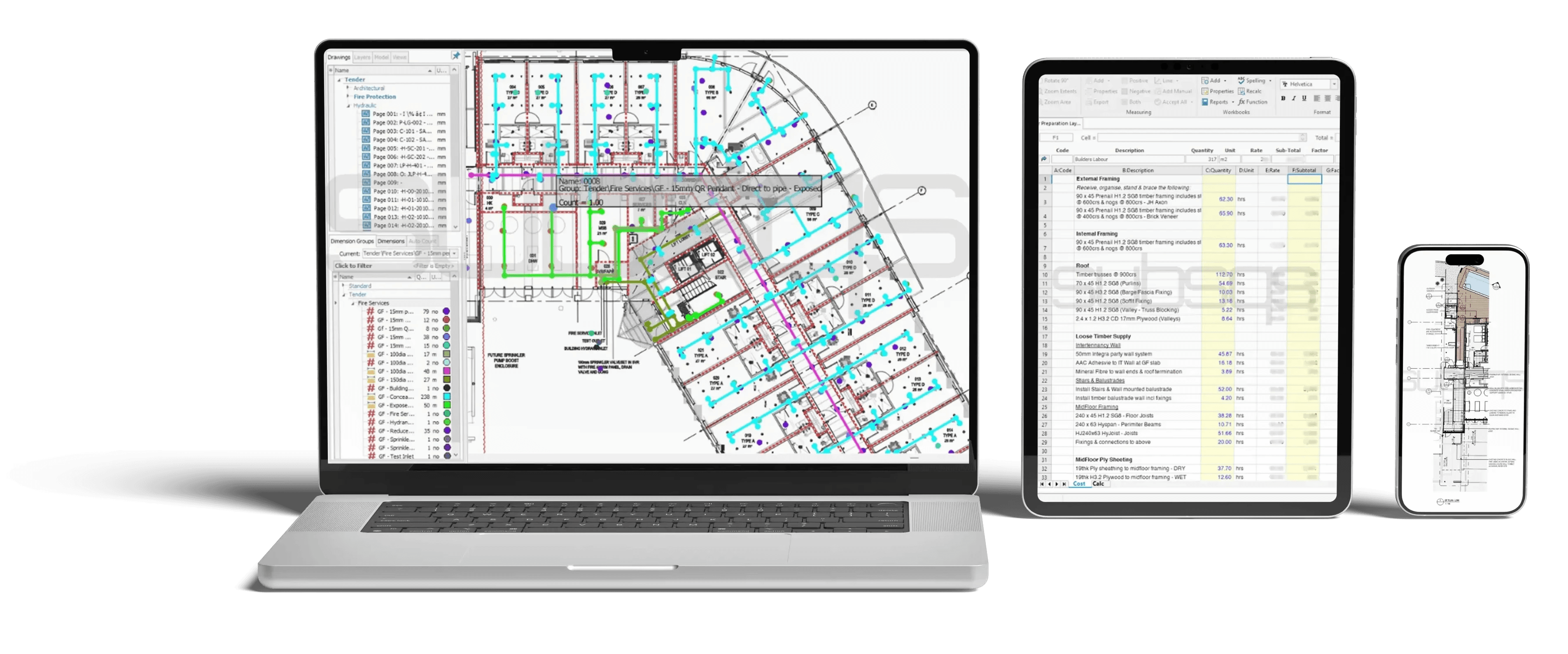 Image shows 3 technology devices with SubsQS Ltd construction estimating documents