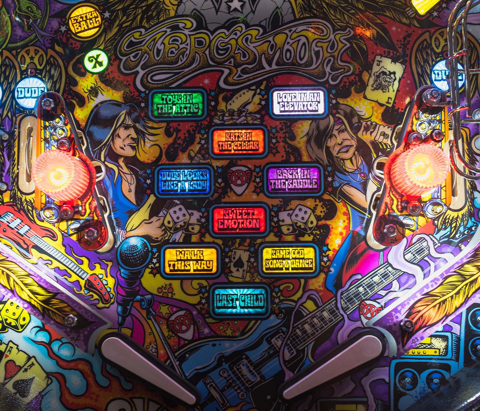Close-up of an Aerosmith pinball machine playfield featuring colorful comic-style artwork of band members, guitars, dice, and song titles like “Sweet Emotion,” “Walk This Way,” and “Love in an Elevator.”