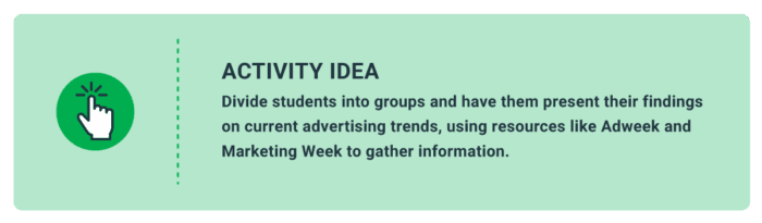 Activity Idea: Divide students into groups and have them present their findings on current advertising trends, using resources like Adweek and Marketing Week to gather information. 