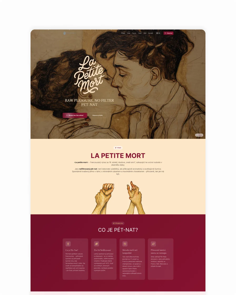 La Petite Mort natural sparkling wine homepage with brand story and product details